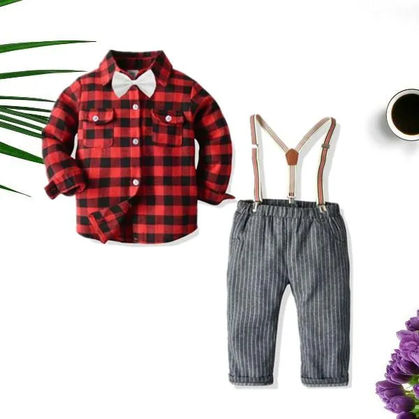 4-Piece Stylish Little Boys Checked Bow Shirt and Suspender Pants