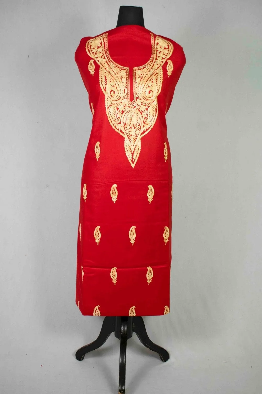 Alluring Red Color Kashmiri Aari Work Heavy Neck Embroidered Salwar Kameez With Designer New Pattern