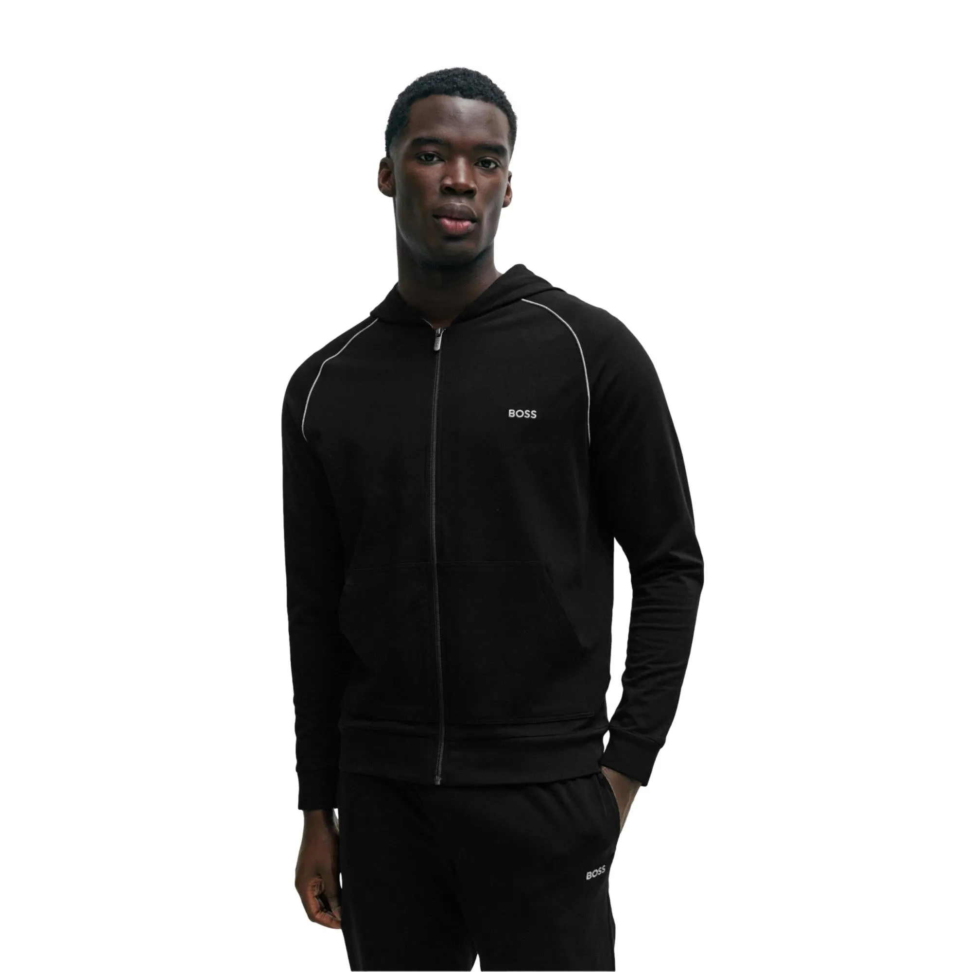 BOSS Men Mix & Match Stretch-Cotton Zip-Up Hoodie With Logo Detail - Black