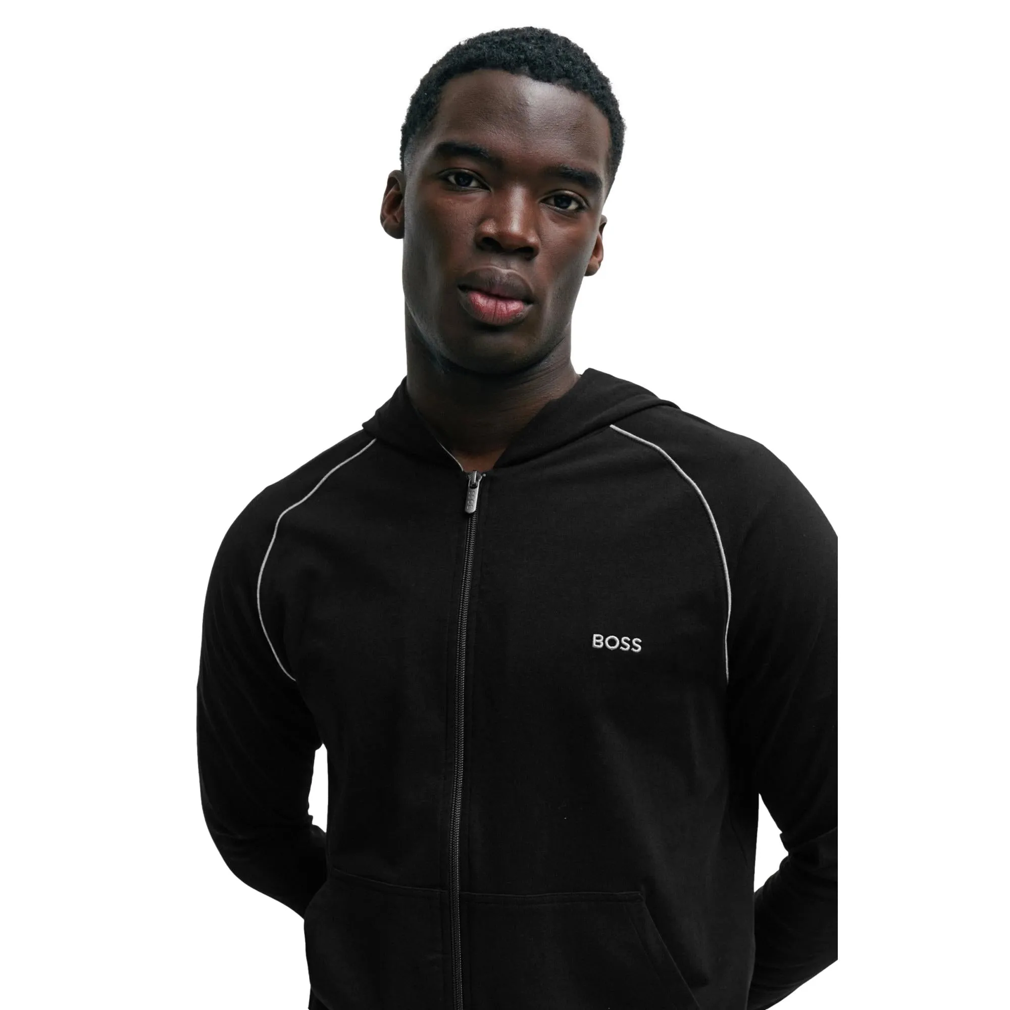 BOSS Men Mix & Match Stretch-Cotton Zip-Up Hoodie With Logo Detail - Black