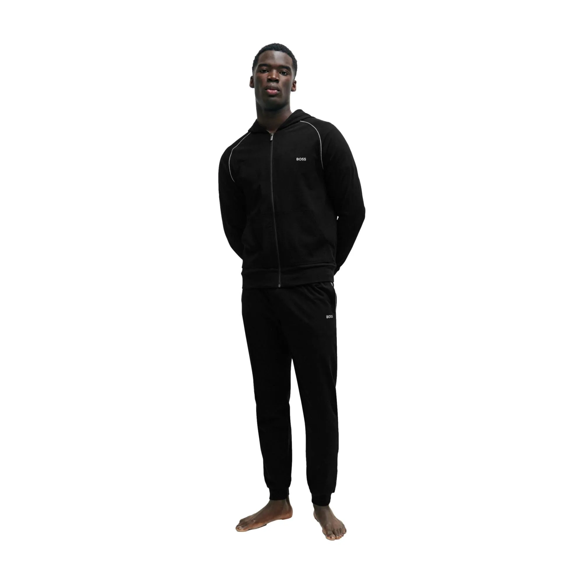 BOSS Men Mix & Match Stretch-Cotton Zip-Up Hoodie With Logo Detail - Black