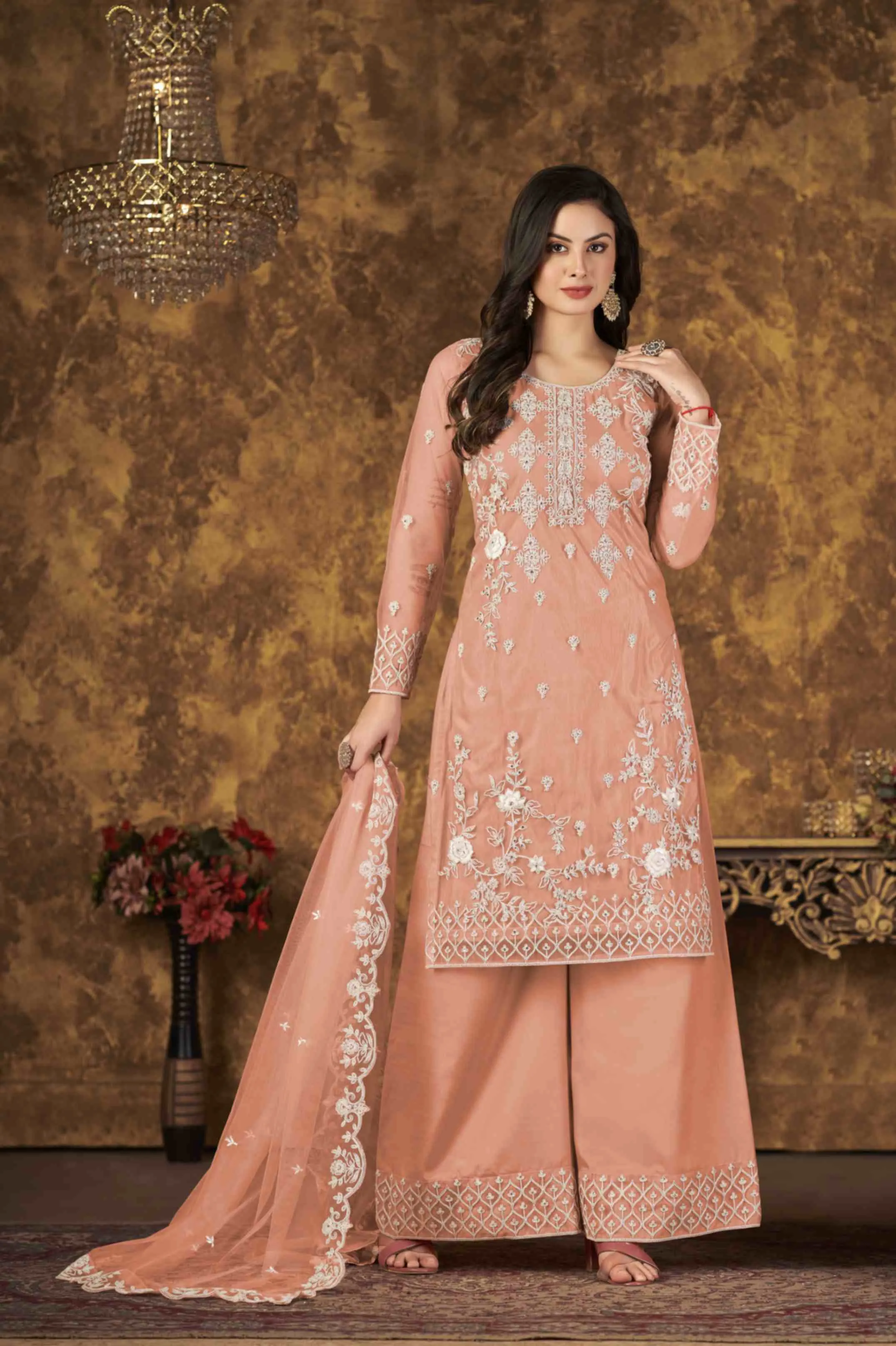 Breezy Elegant Net Top Palazzo Suit with Inner Comfort