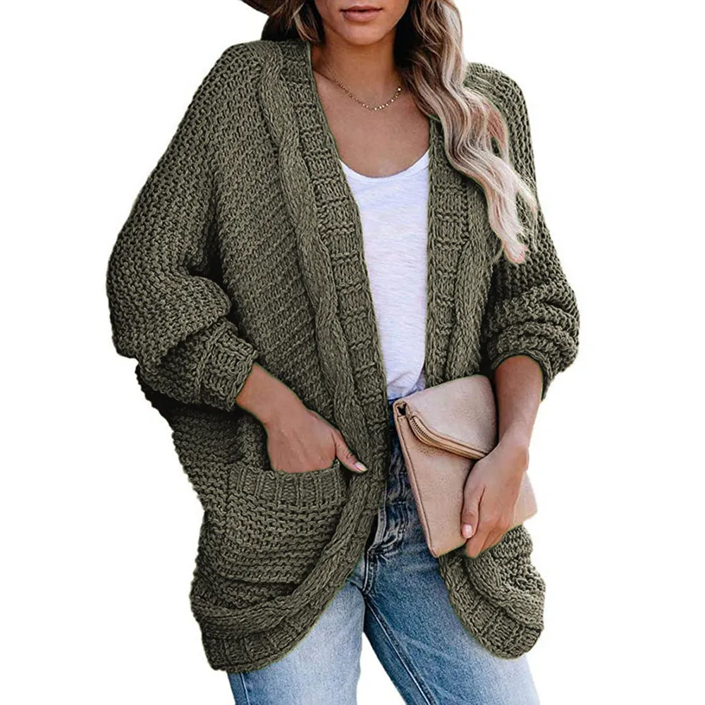 Casual Solid Color Bat Sleeve Chunky Twist Knit Cardigan Jacket Wholesale Womens Tops