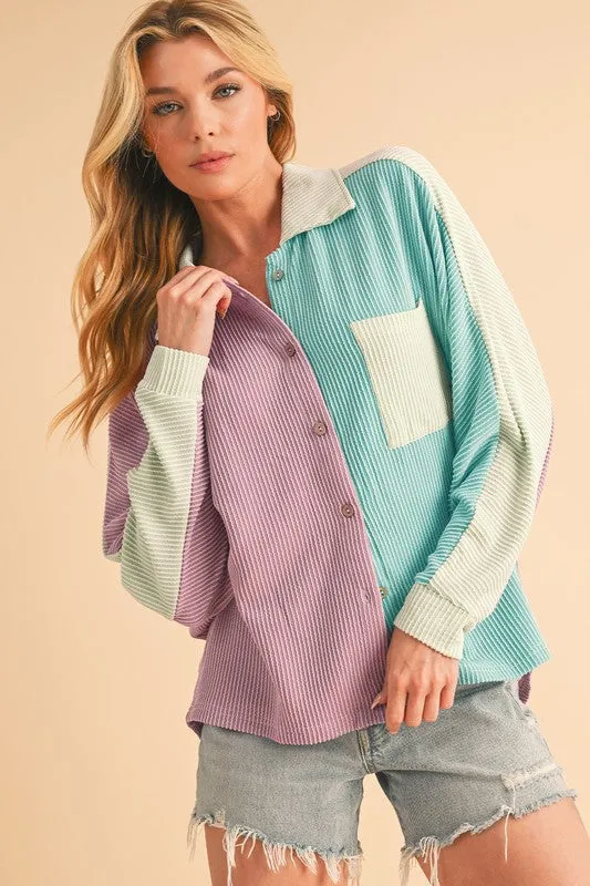 Color Block Crinkle Rib Buttoned Oversized Shirt