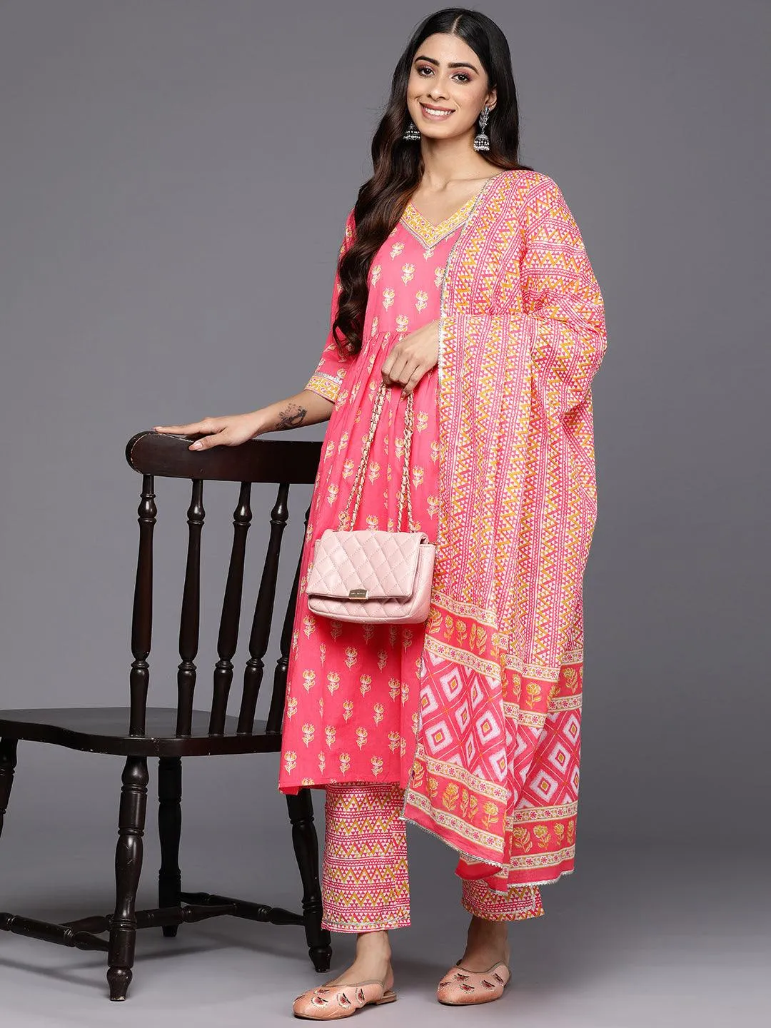 Coral Printed Cotton A-Line Kurta With Trousers & Dupatta