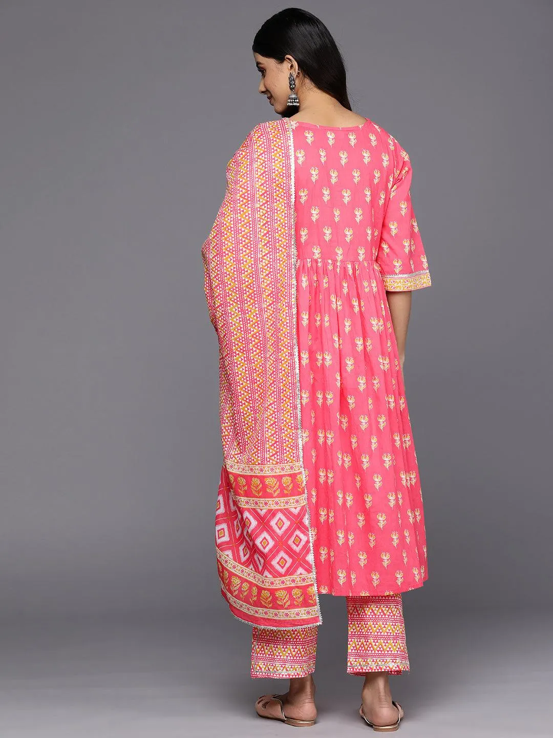 Coral Printed Cotton A-Line Kurta With Trousers & Dupatta