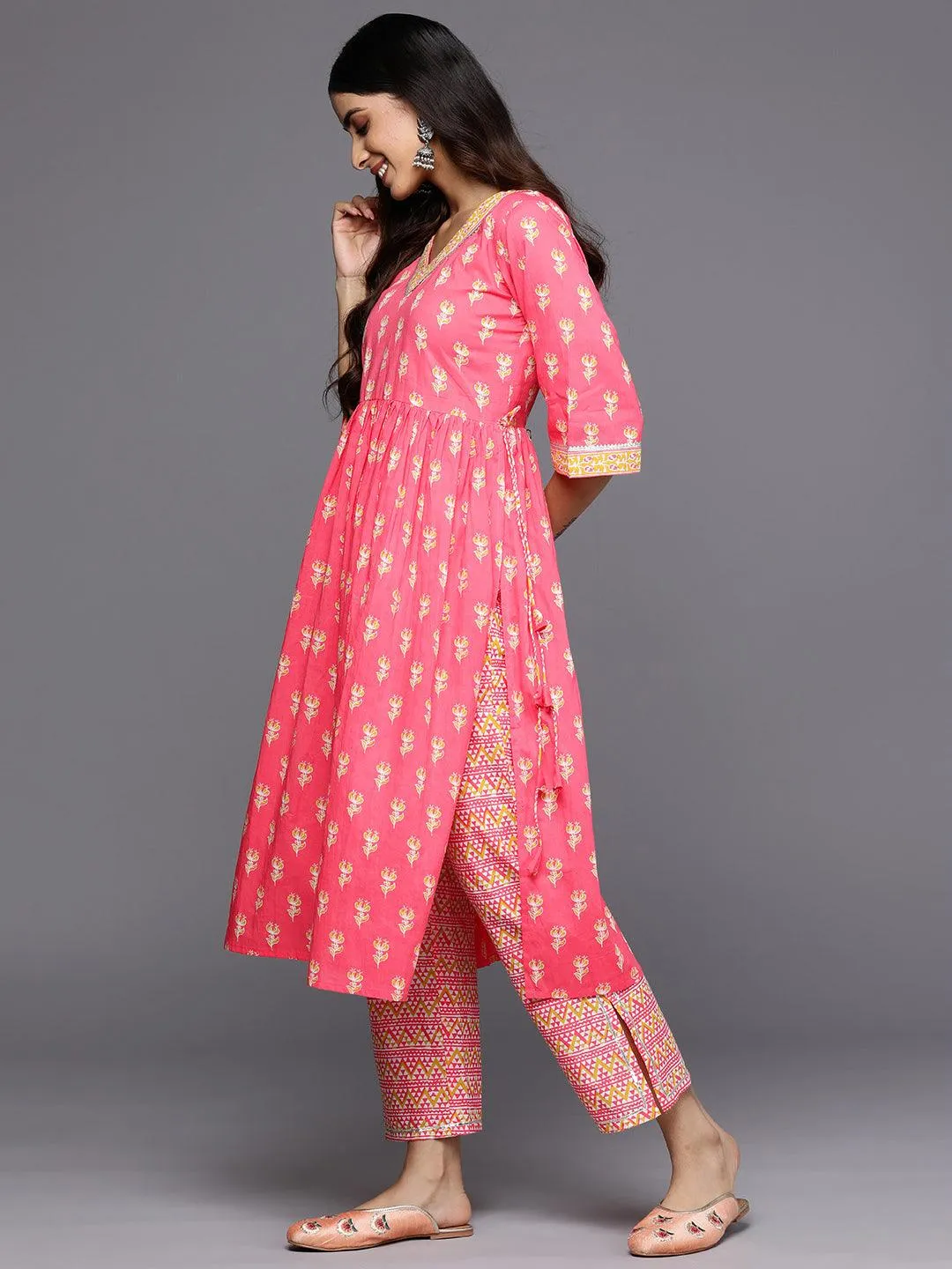 Coral Printed Cotton A-Line Kurta With Trousers & Dupatta