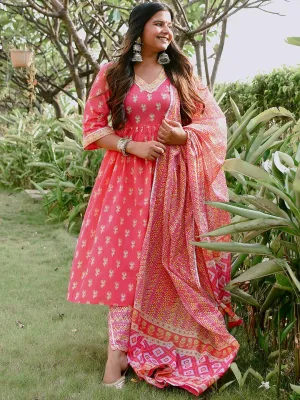 Coral Printed Cotton A-Line Kurta With Trousers & Dupatta