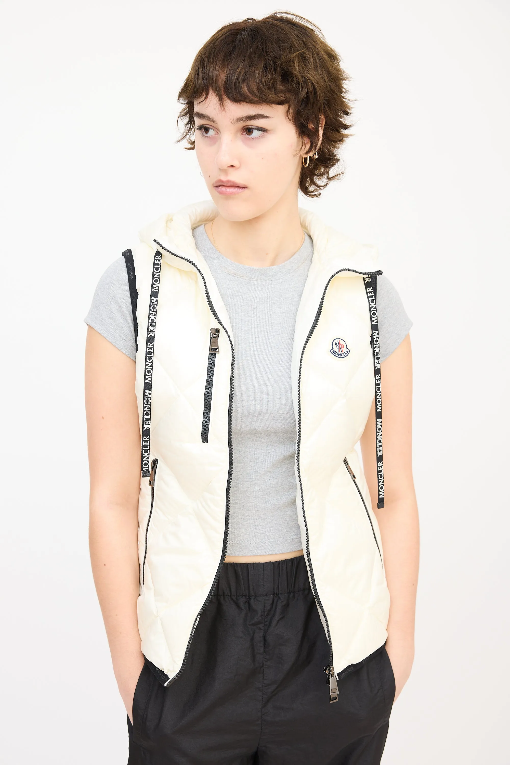 Cream Quilted Sucrex Logo Trim Puffer Vest