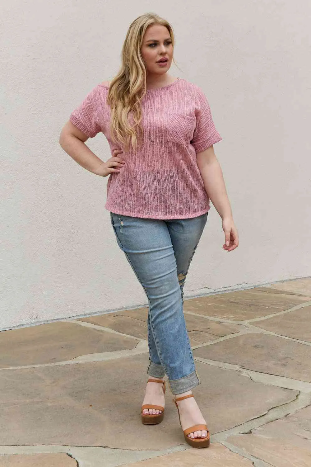 e.Luna Full Size Chunky Knit Short Sleeve Top in Mauve