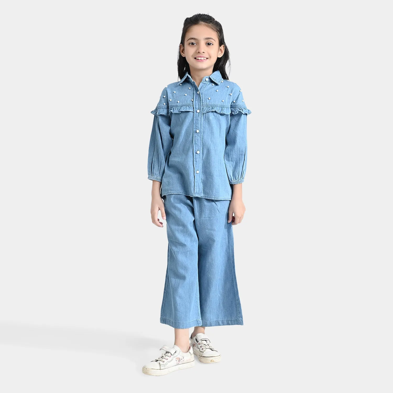 Girls Tensile Denim (Light Denim) Co-ord Set pearls-Blue