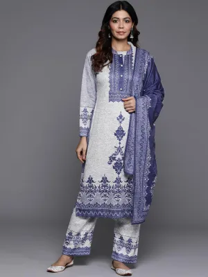 Grey Printed Wool Blend Straight Suit With Dupatta