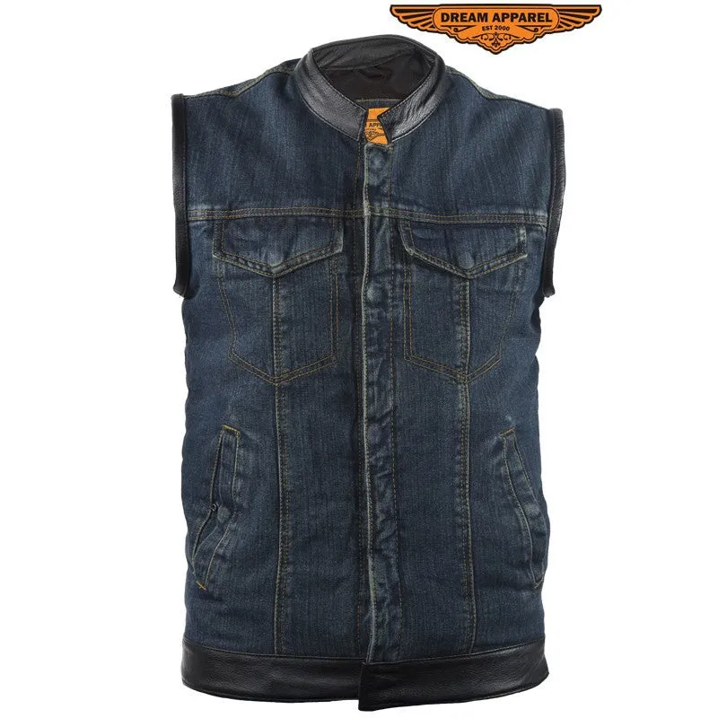 Mens Blue Denim Motorcycle Club Vest Solid Back Concealed Snaps Chest Pockets