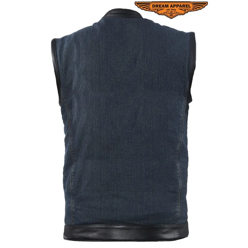 Mens Blue Denim Motorcycle Club Vest Solid Back Concealed Snaps Chest Pockets