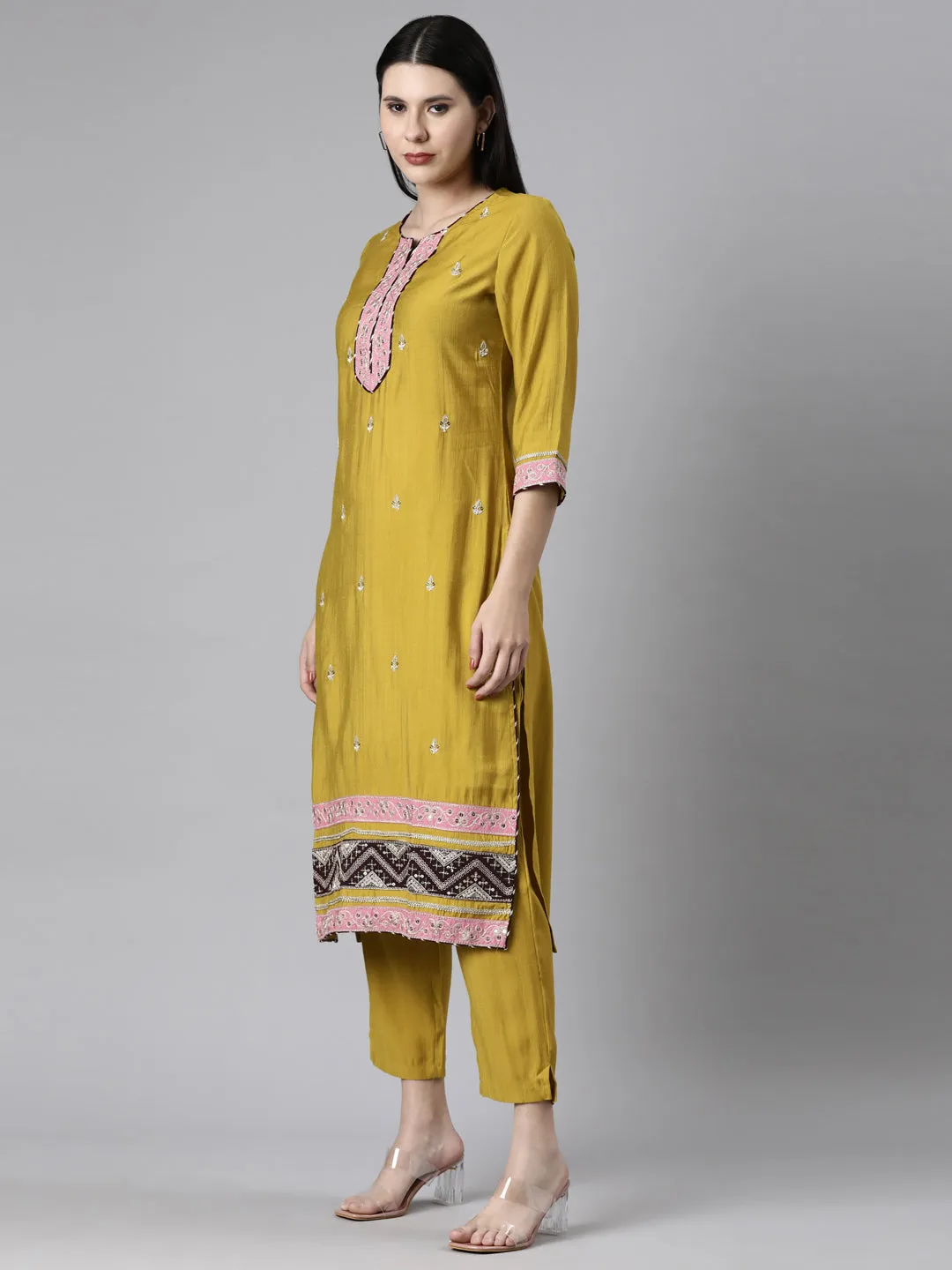 Neerus Mustard Casual  Straight Kurta and Trousers With Dupatta