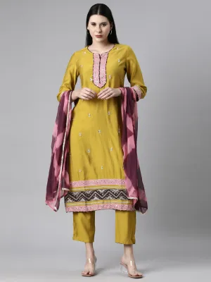 Neerus Mustard Casual  Straight Kurta and Trousers With Dupatta