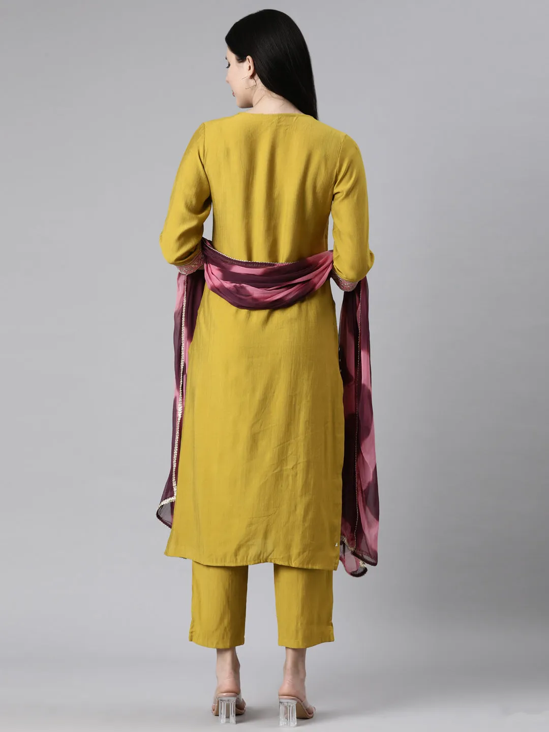 Neerus Mustard Casual  Straight Kurta and Trousers With Dupatta