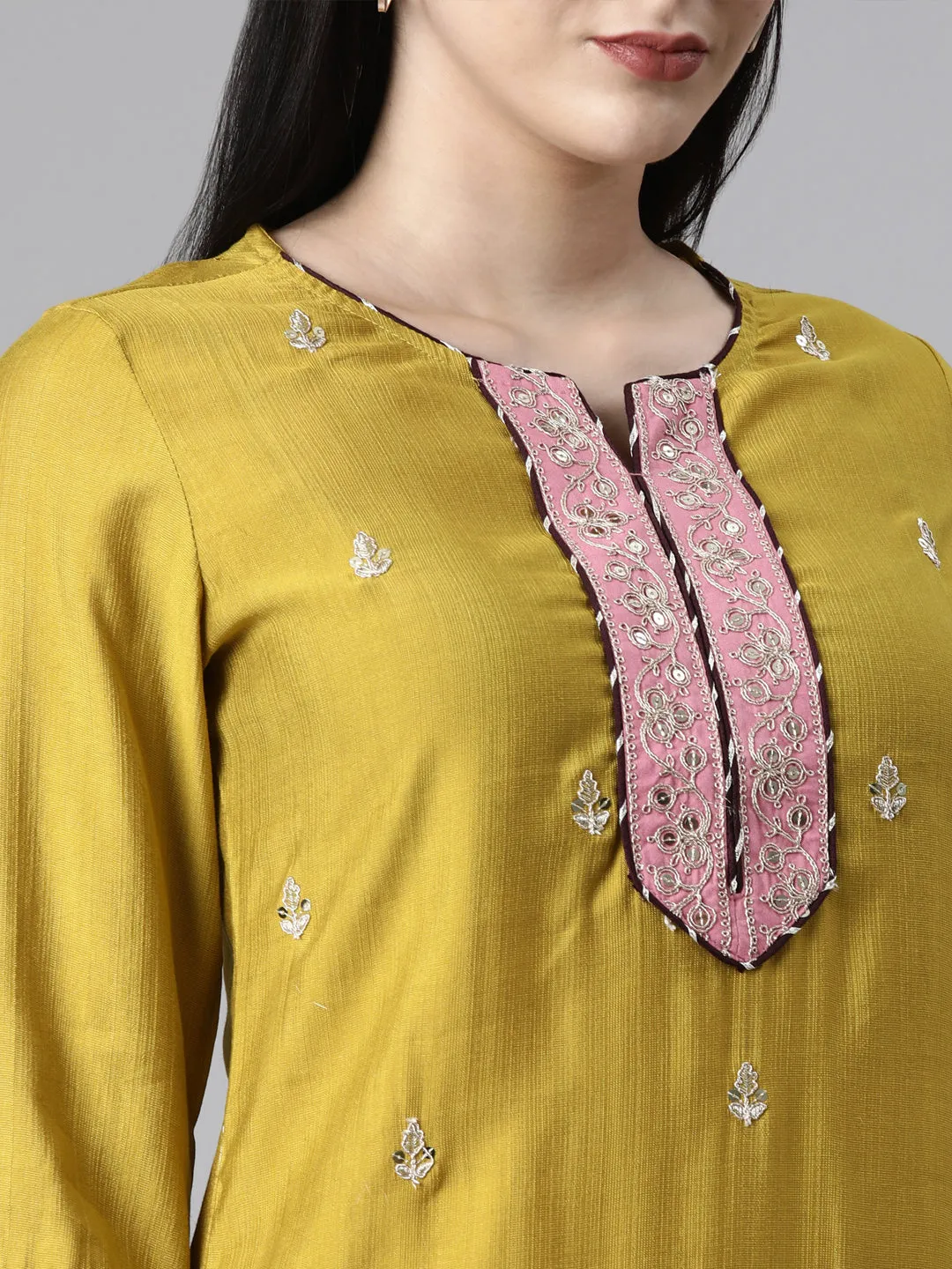 Neerus Mustard Casual  Straight Kurta and Trousers With Dupatta