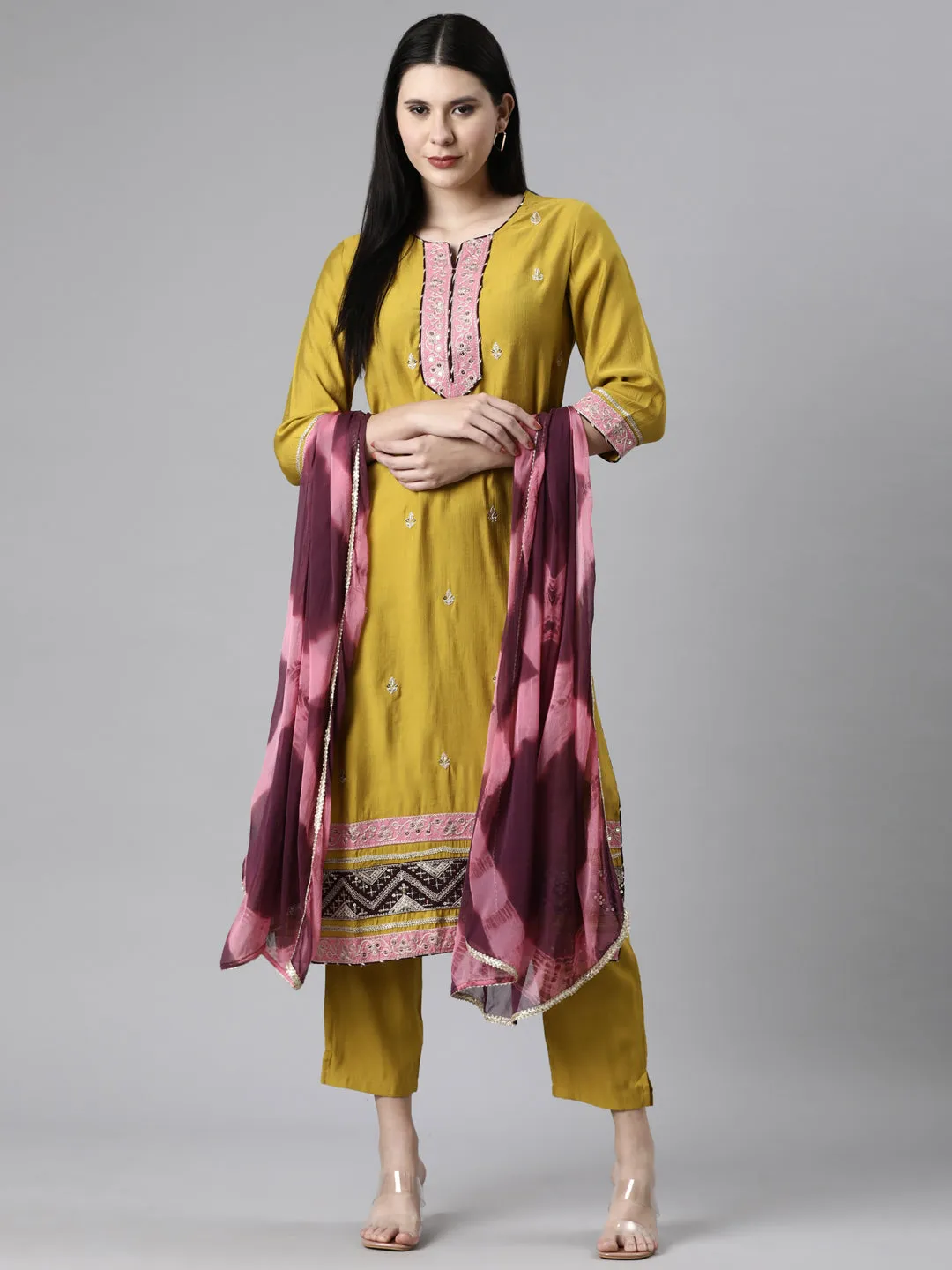 Neerus Mustard Casual  Straight Kurta and Trousers With Dupatta