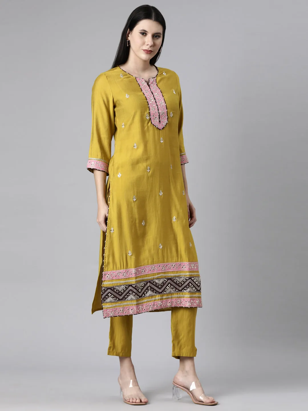 Neerus Mustard Casual  Straight Kurta and Trousers With Dupatta