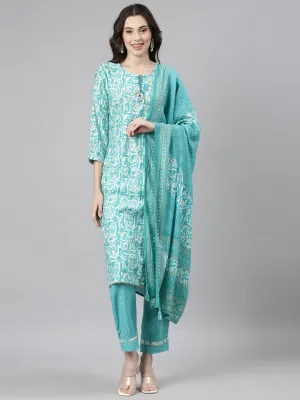 Neerus Sea Green Casual Textured Straight Kurta and Trousers With Dupatta