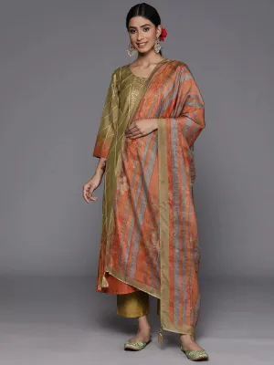 Olive Yoke Design Silk Blend Straight Kurta With Trousers & Dupatta