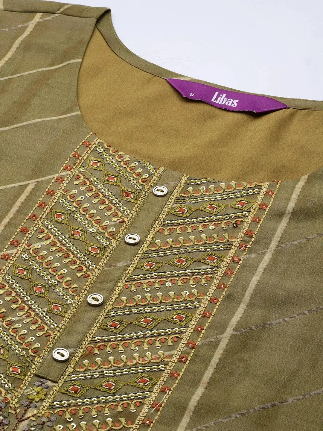 Olive Yoke Design Silk Blend Straight Kurta With Trousers & Dupatta