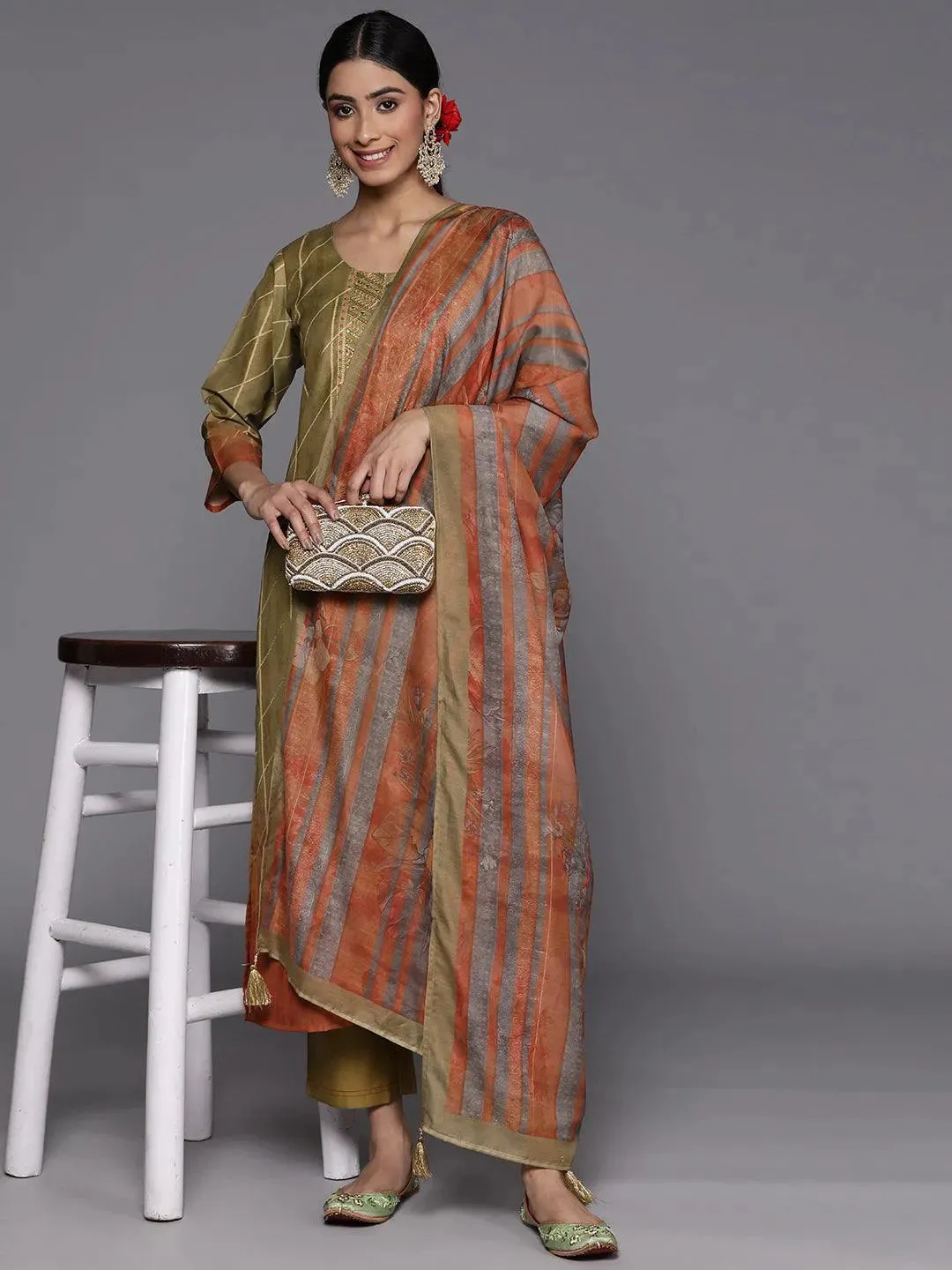 Olive Yoke Design Silk Blend Straight Kurta With Trousers & Dupatta