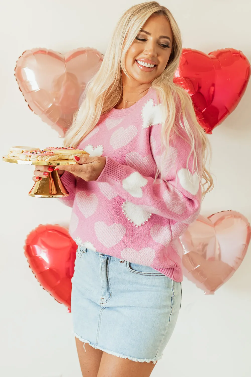 Pearled Heart Valentines Sweater