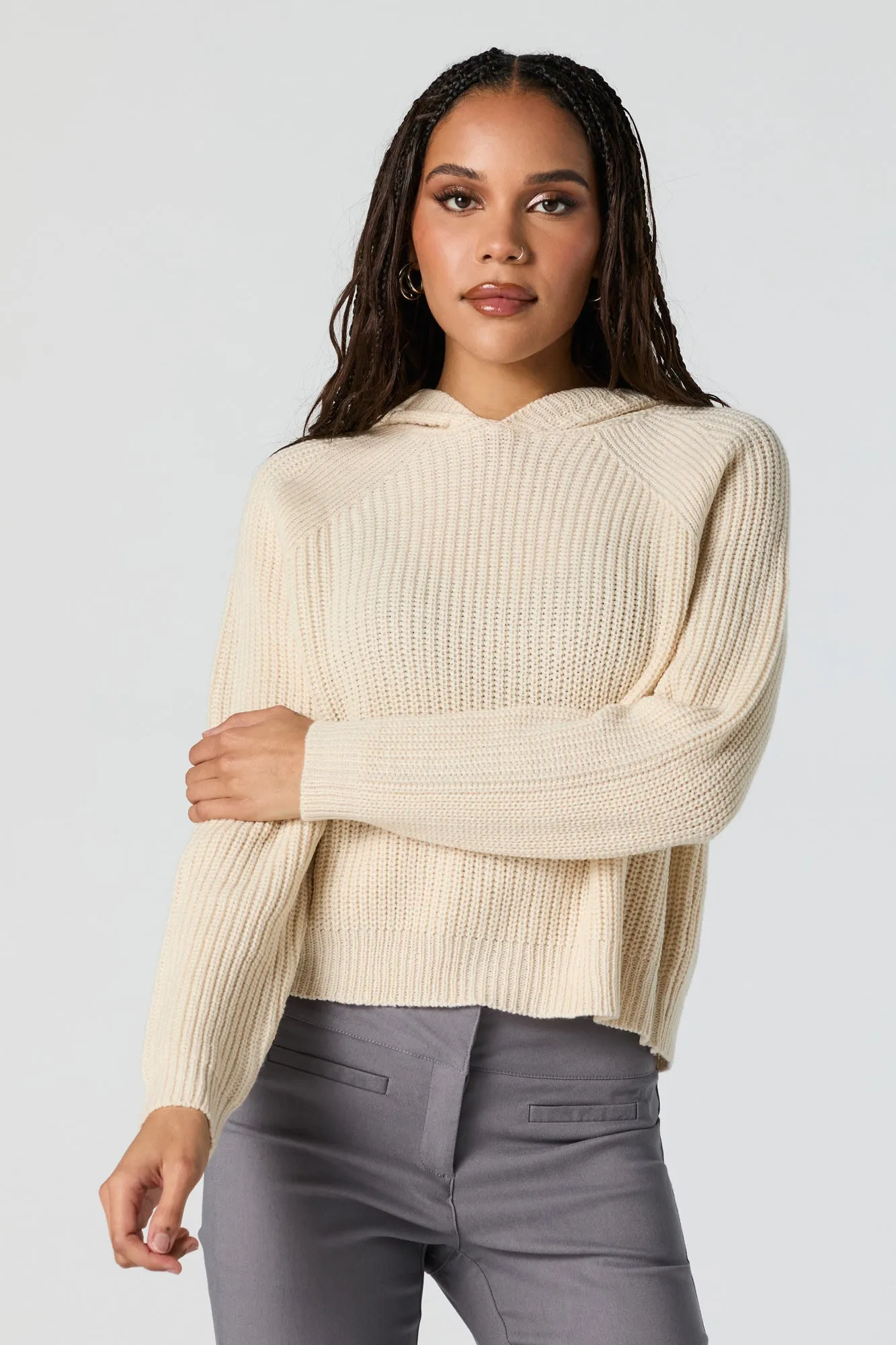 Ribbed Knit Hooded Sweater