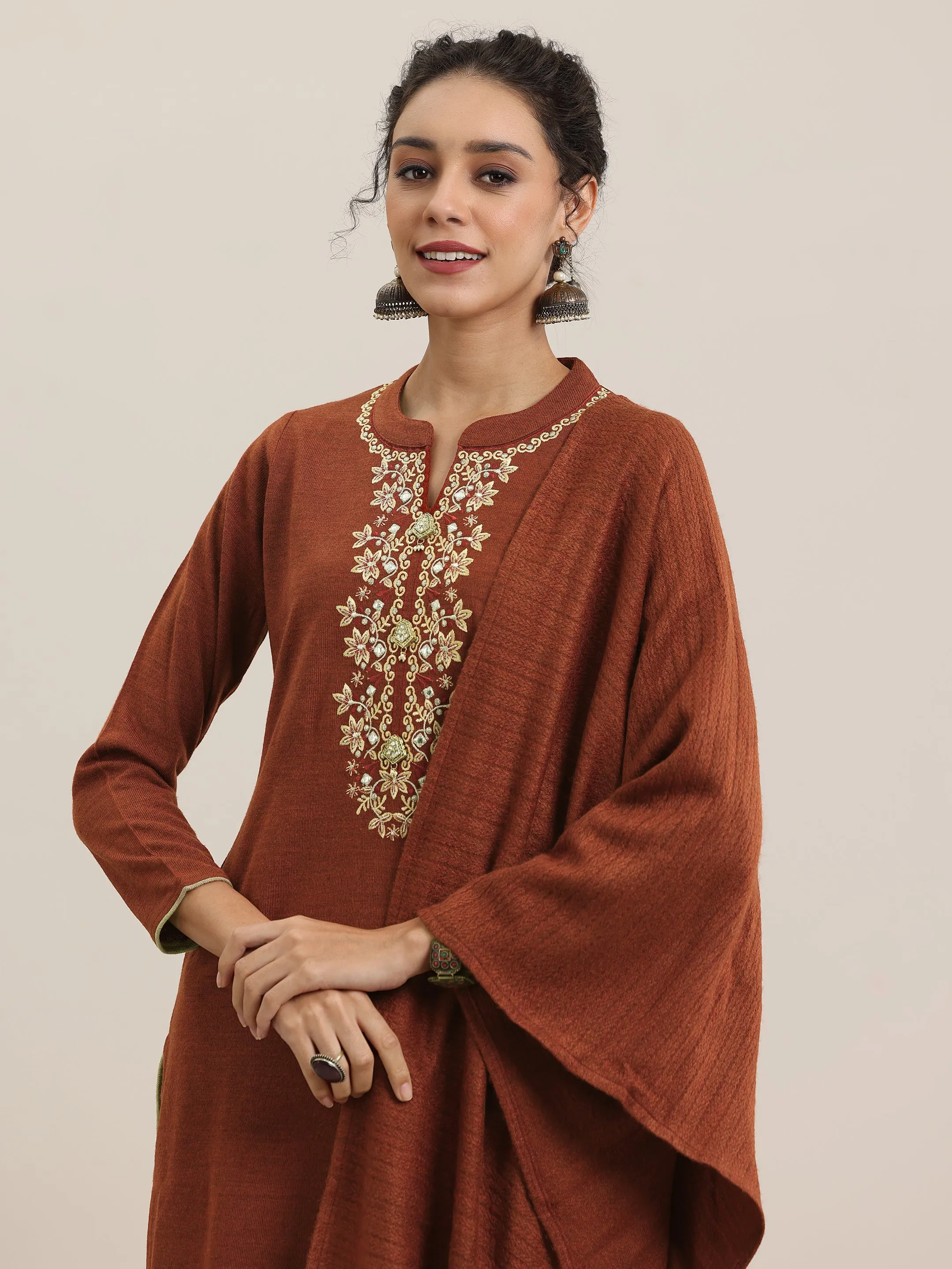 Rust Yoke Design Wool Blend Straight Suit With Dupatta