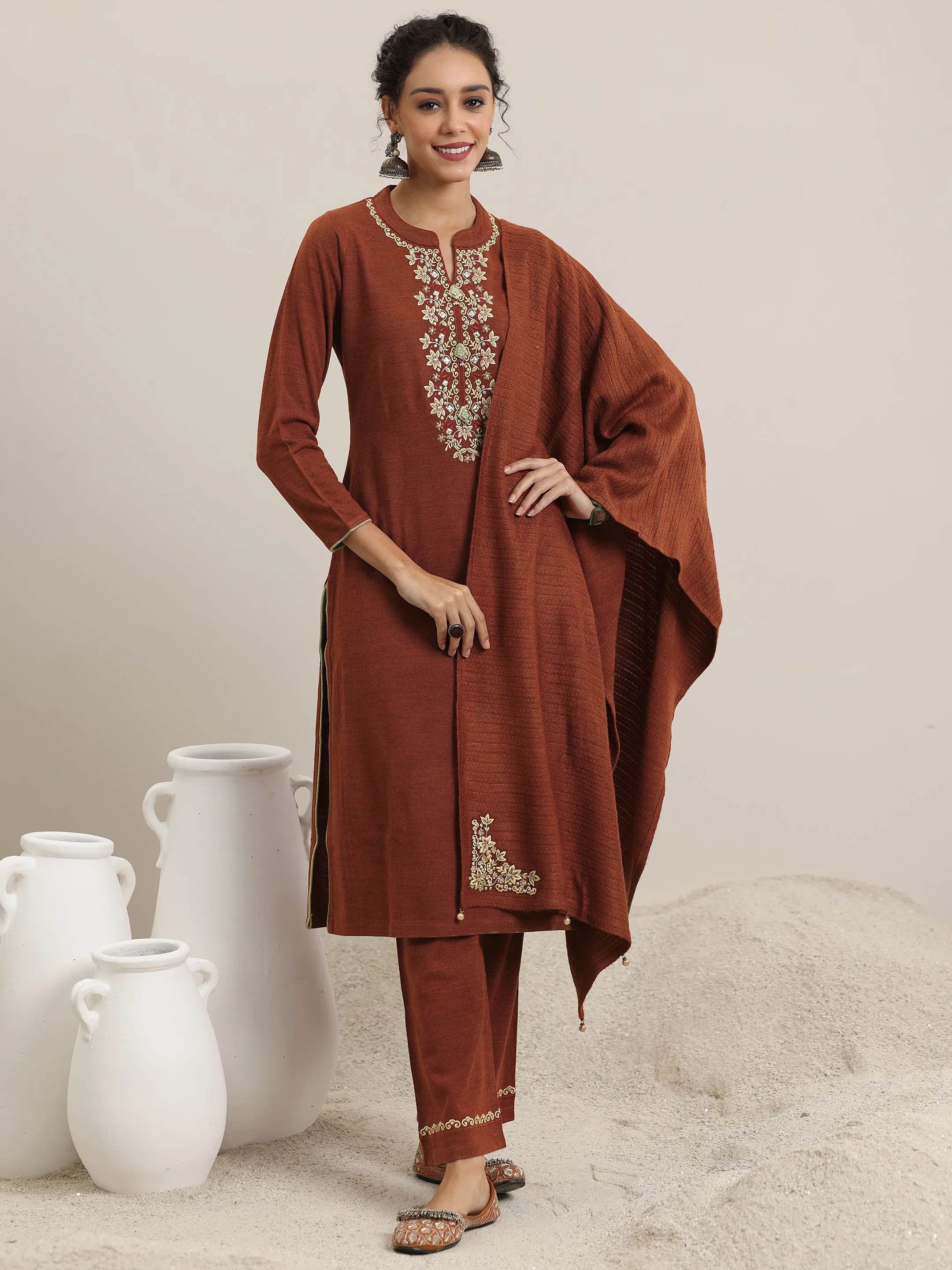 Rust Yoke Design Wool Blend Straight Suit With Dupatta