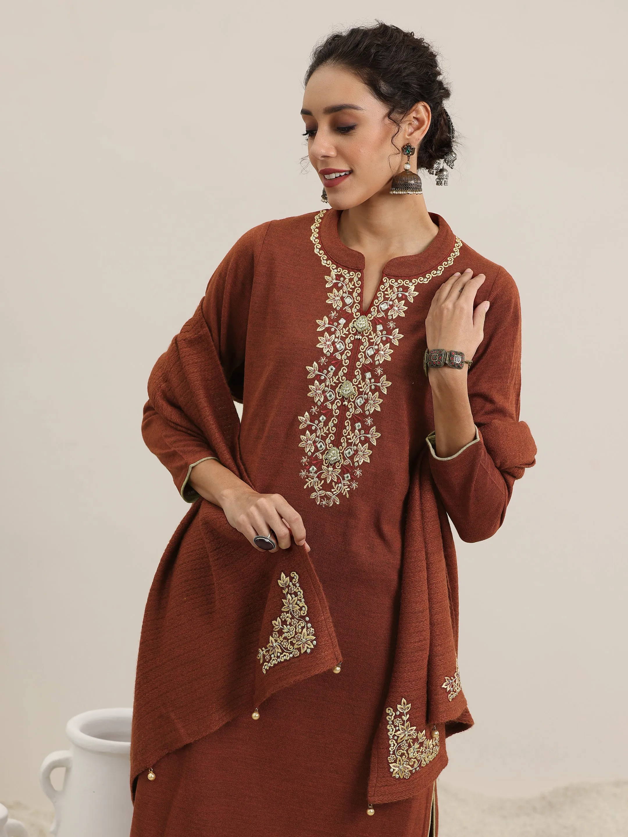 Rust Yoke Design Wool Blend Straight Suit With Dupatta