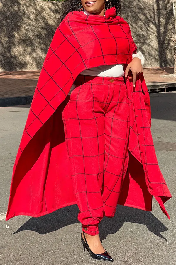 Stylish Plaid Pants Poncho Set