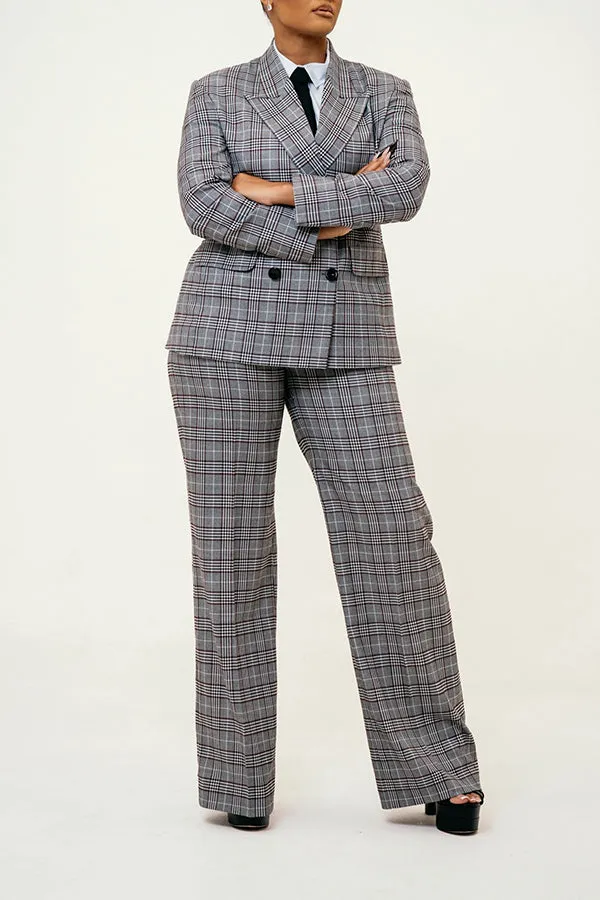 Stylish Plaid Peak Collar Blazer & Pants Set