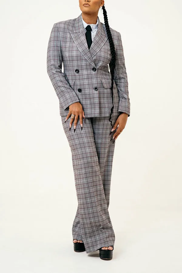 Stylish Plaid Peak Collar Blazer & Pants Set