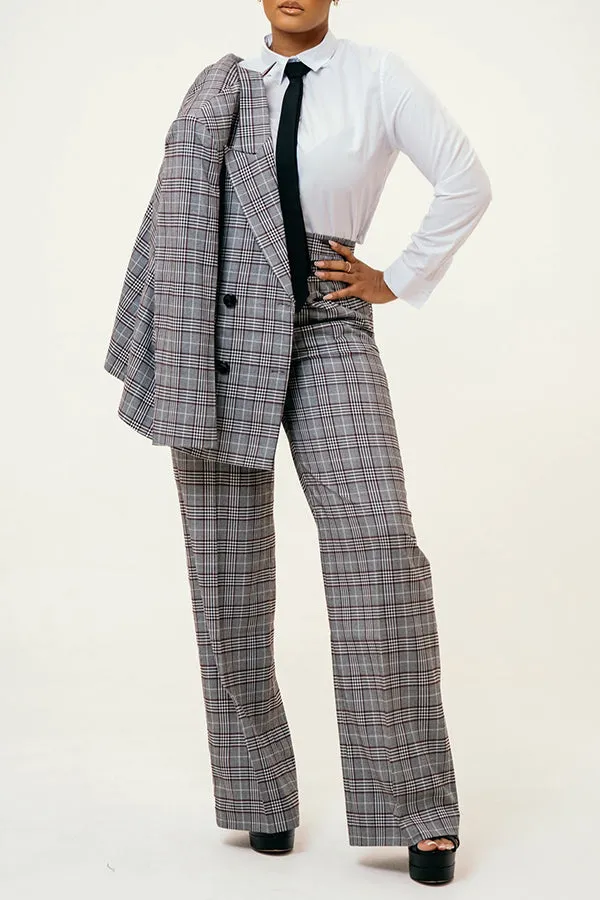 Stylish Plaid Peak Collar Blazer & Pants Set