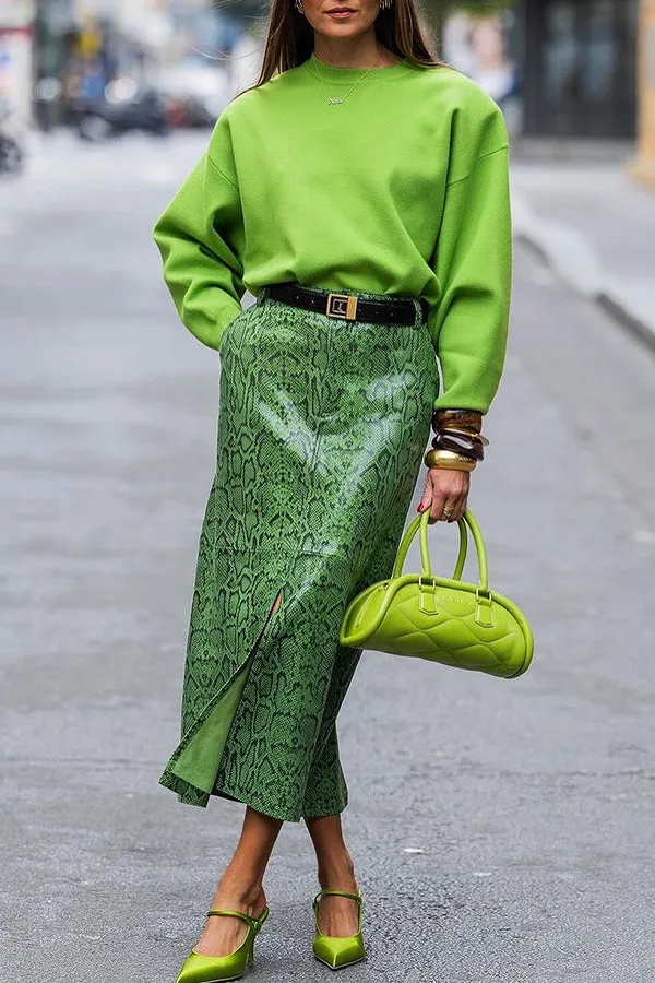 Stylish Round Neck Top & Snakeskin Print Skirt Set