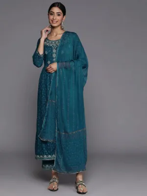 Teal Yoke Design Rayon A-Line Kurta With Trousers & Dupatta