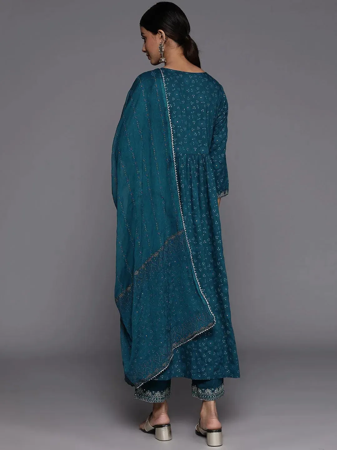 Teal Yoke Design Rayon A-Line Kurta With Trousers & Dupatta