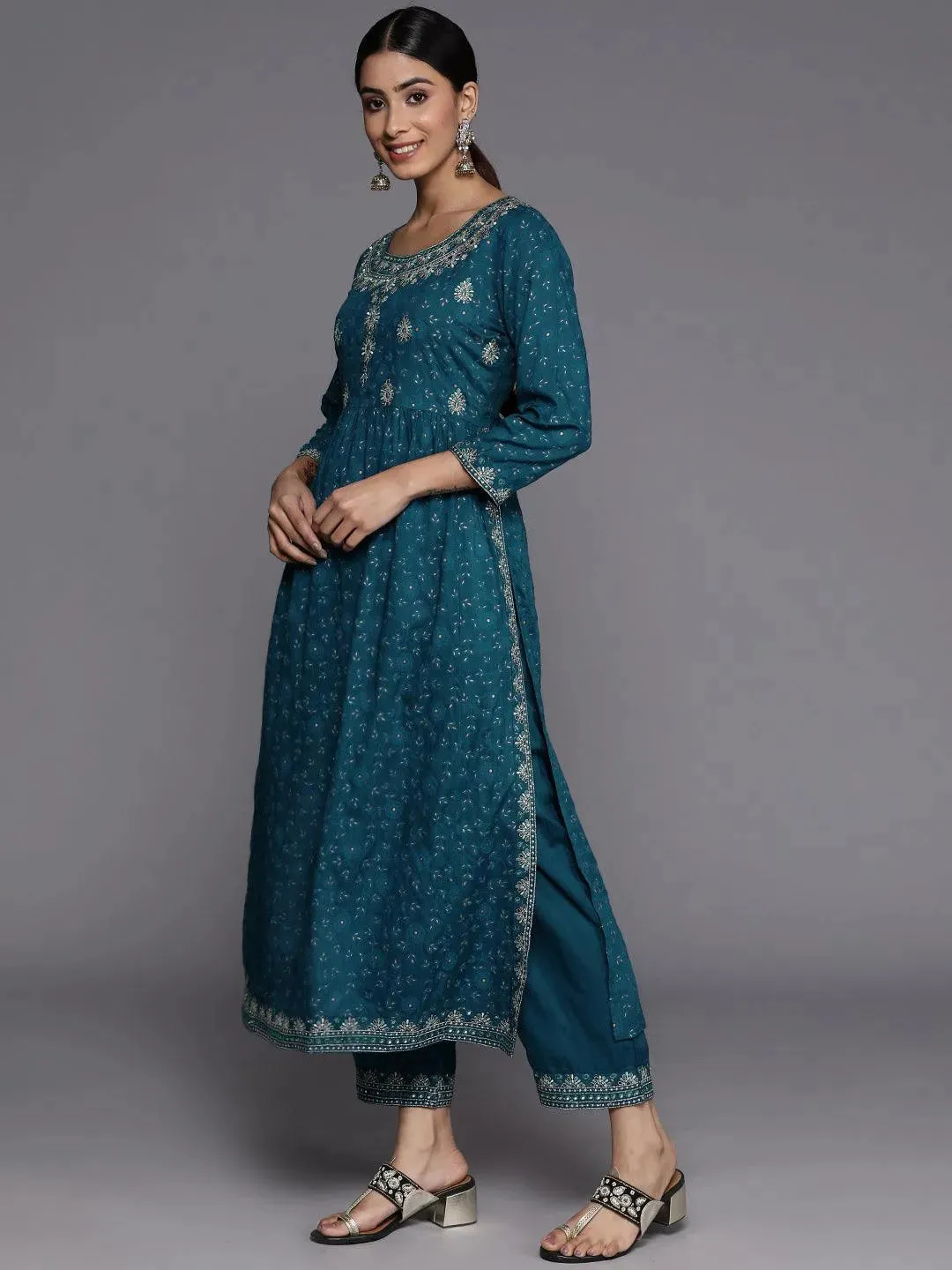 Teal Yoke Design Rayon A-Line Kurta With Trousers & Dupatta