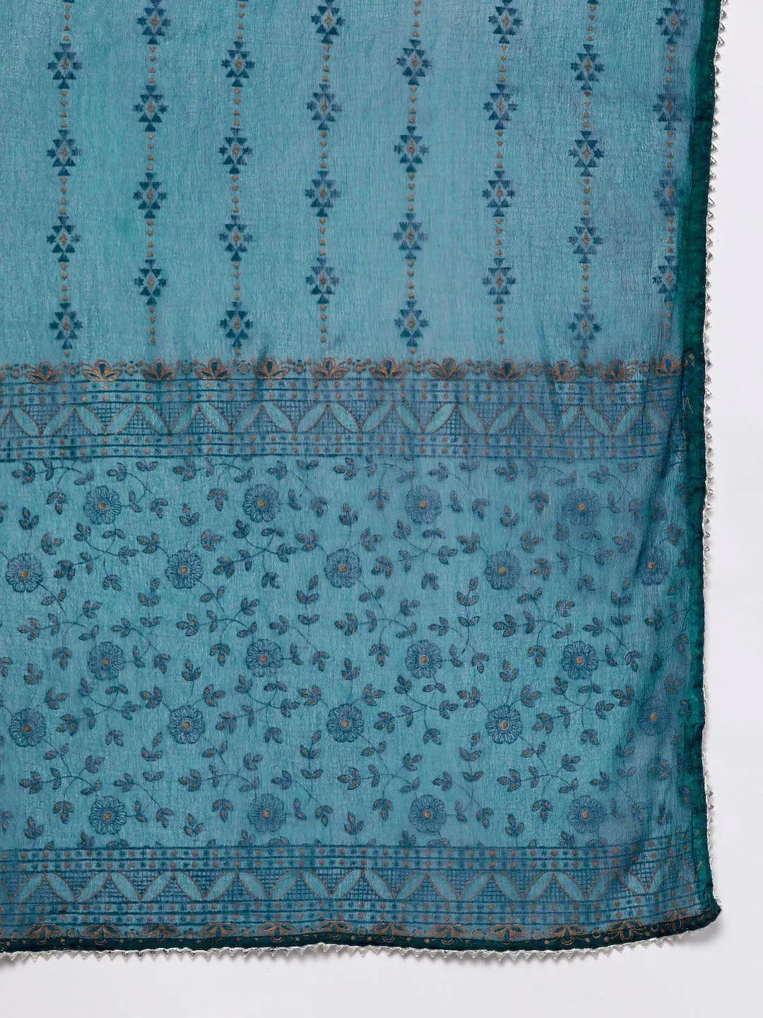 Teal Yoke Design Rayon A-Line Kurta With Trousers & Dupatta