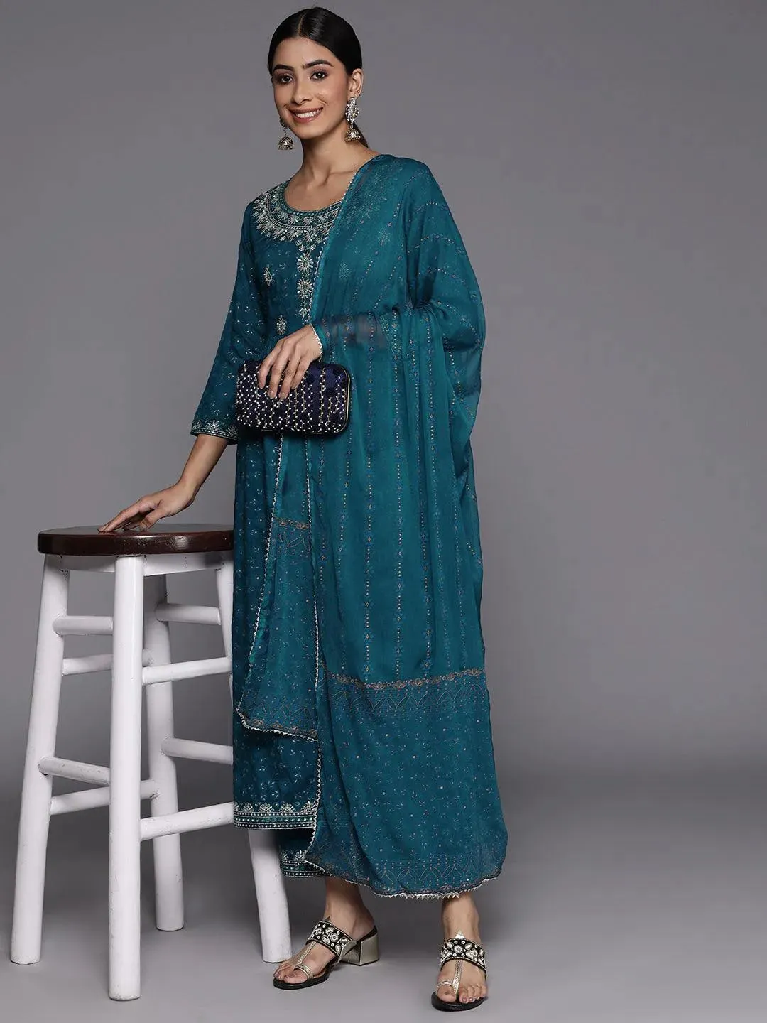 Teal Yoke Design Rayon A-Line Kurta With Trousers & Dupatta