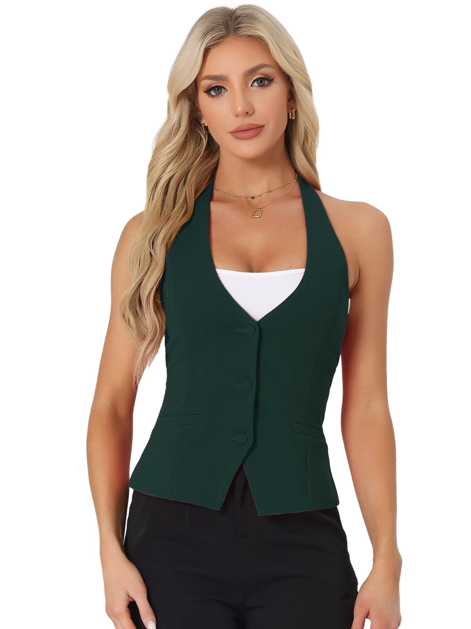 Waistcoat Halter Neck Retro Sleeveless Button Down Suit Vest Jacket