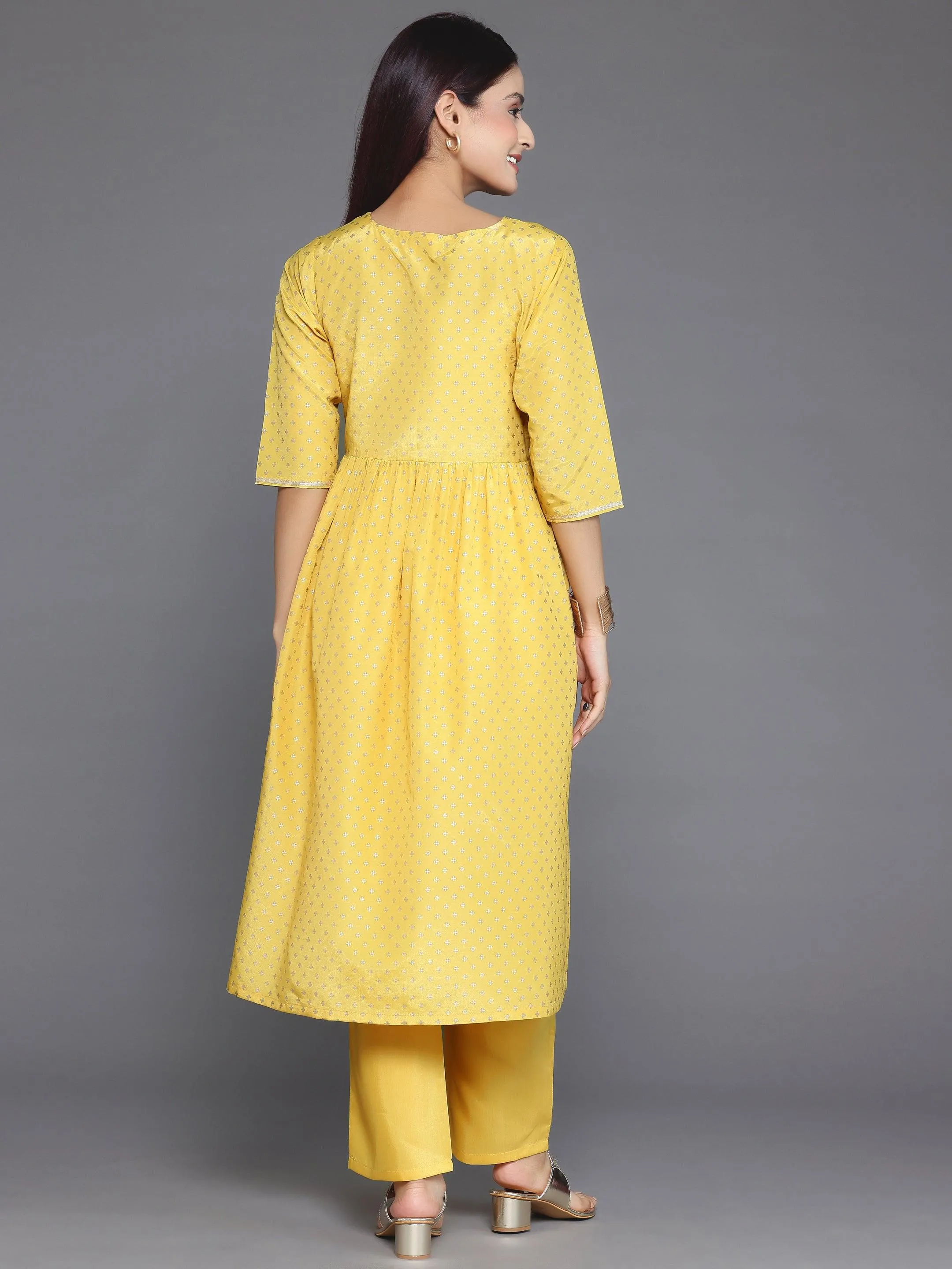 Yellow Woven Design Silk Blend A-Line Kurta With Trousers