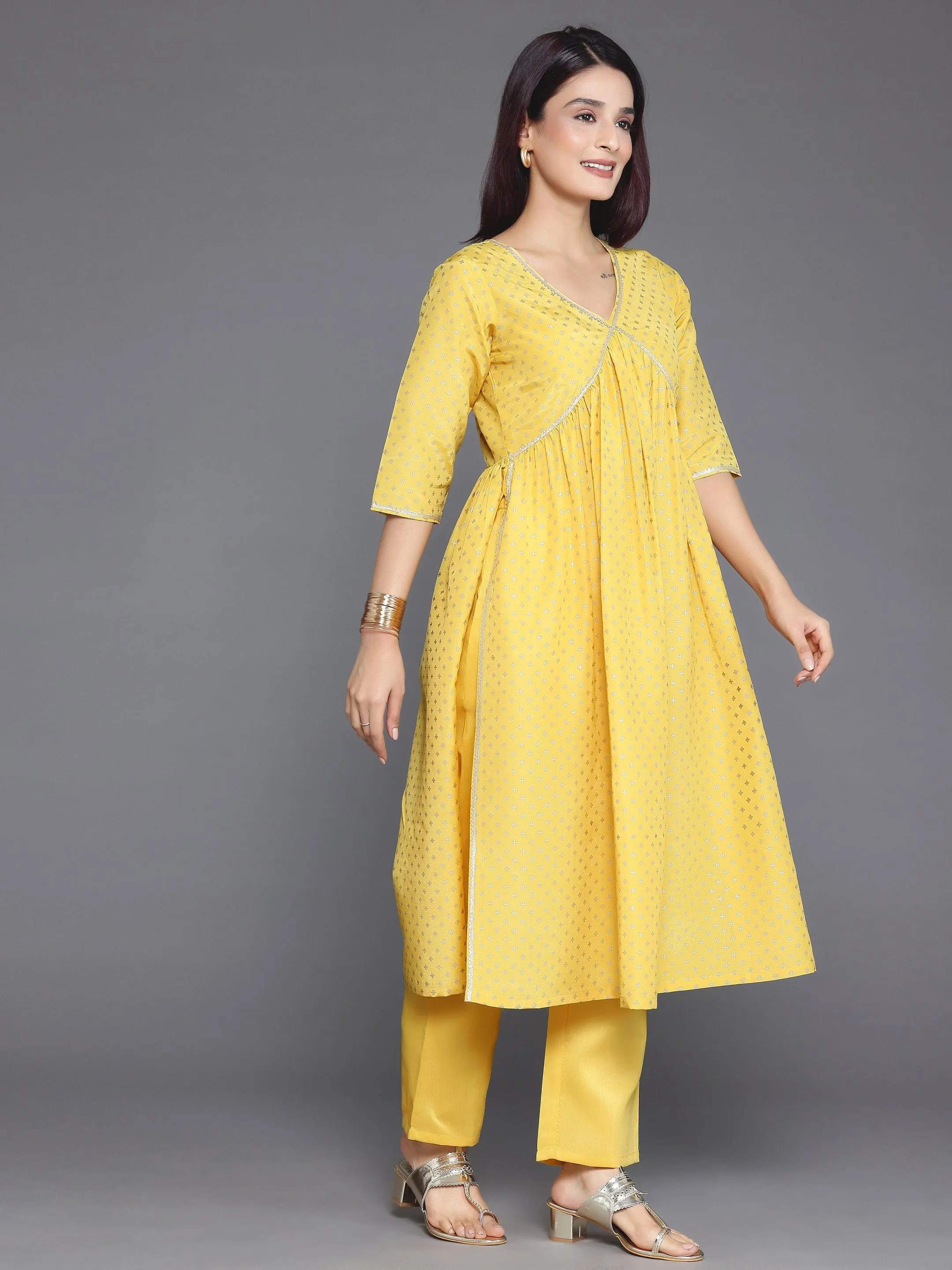 Yellow Woven Design Silk Blend A-Line Kurta With Trousers