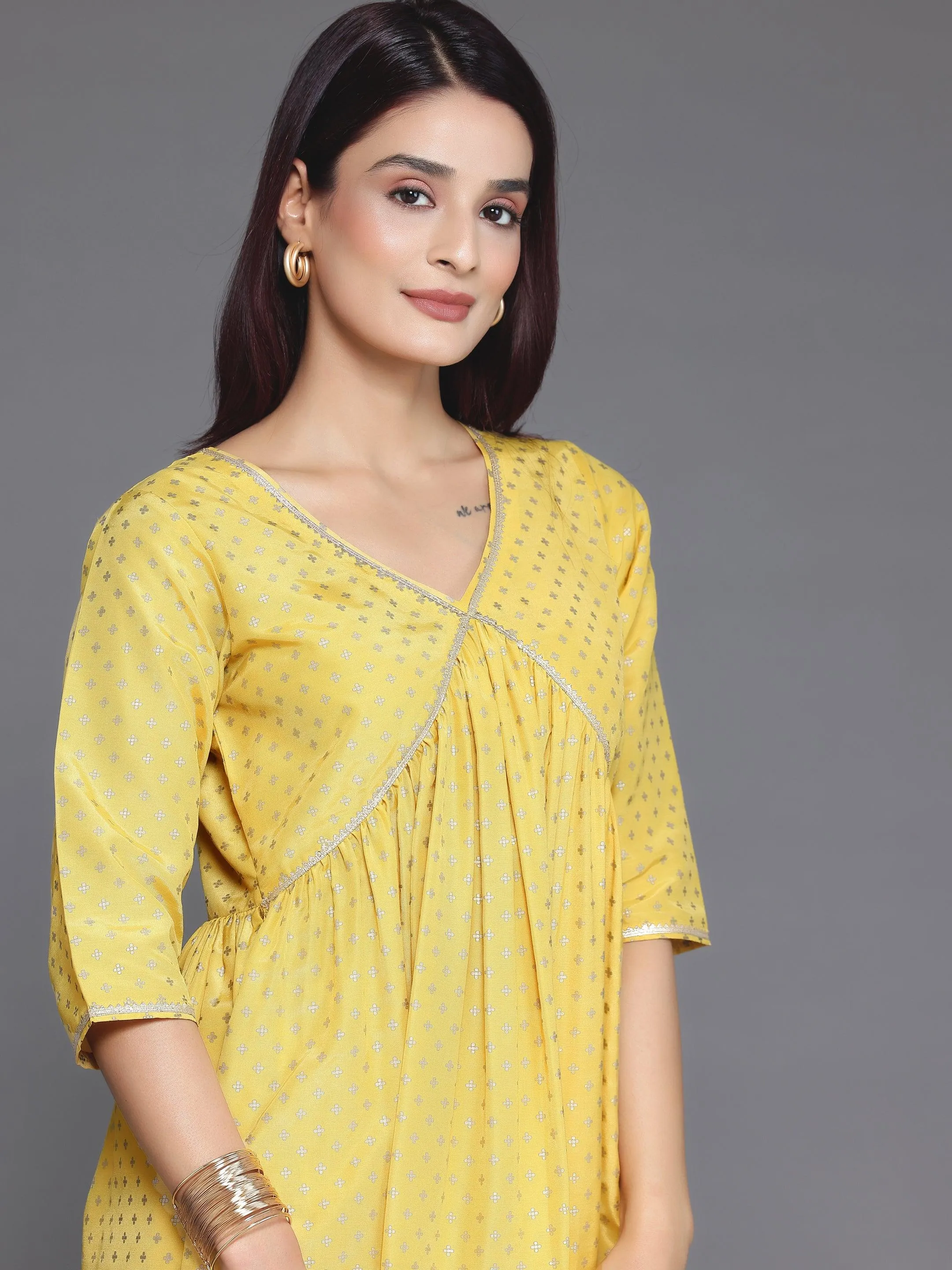 Yellow Woven Design Silk Blend A-Line Kurta With Trousers