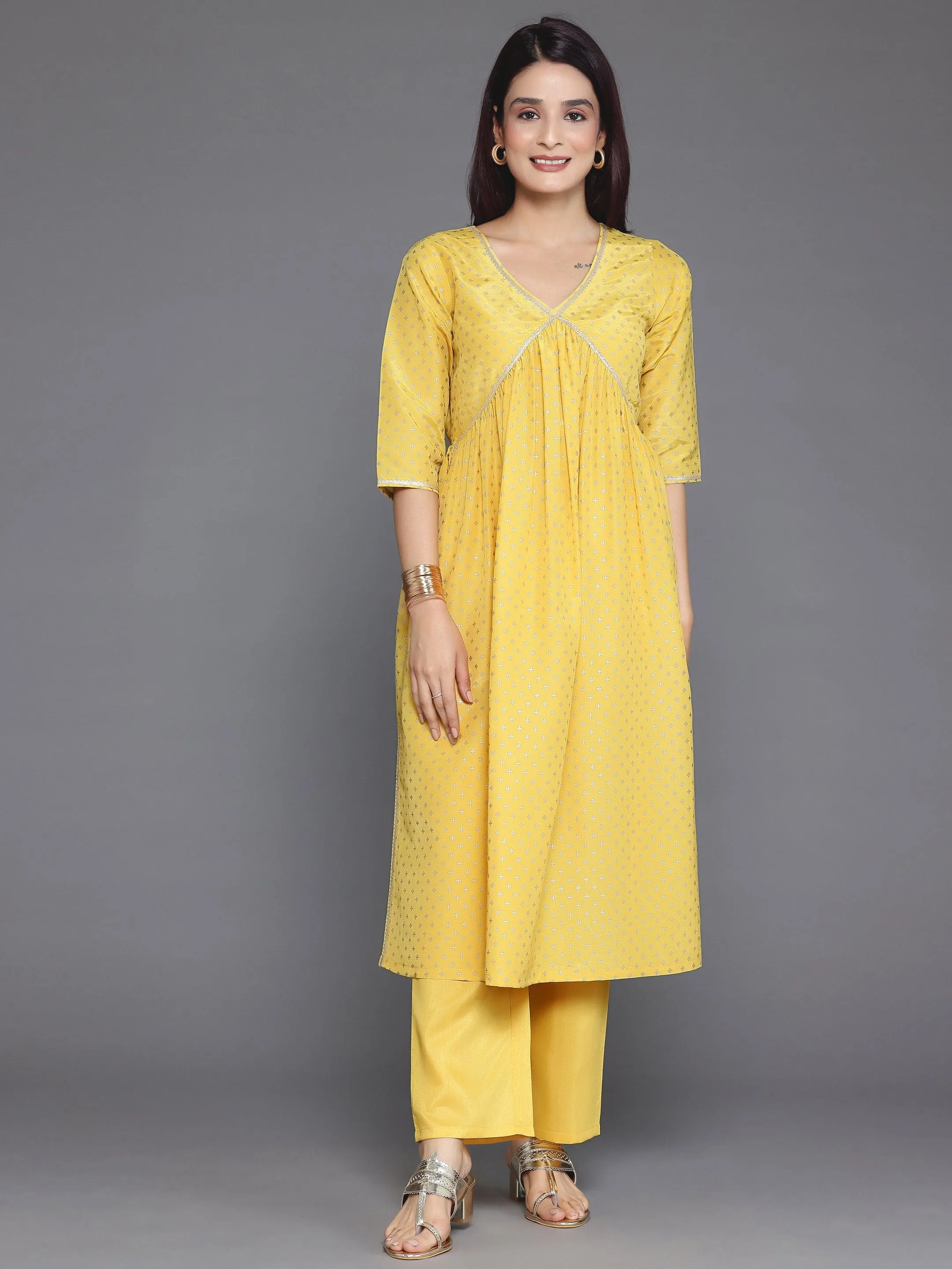 Yellow Woven Design Silk Blend A-Line Kurta With Trousers